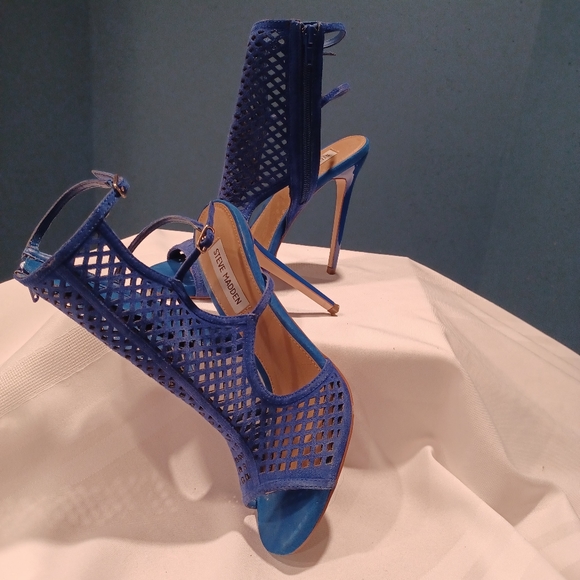 Pre-owned Steve Madden Mely Heel Sandals Size 8m M Cobalt Suede Stiletto Caged - Picture 5 of 6